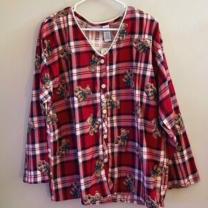 New Ashley Taylor Country Red Plaid Teddy Bear Pajama Button-Up Shirt Fall